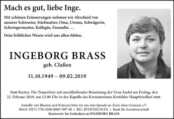 Traueranzeige von Ingeborg Brass von trauer.mein.krefeld.de