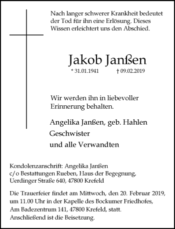 Traueranzeige von Jakob Janßen von trauer.mein.krefeld.de