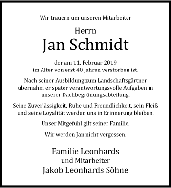 Traueranzeige von Jan Schmidt von trauer.wuppertaler-rundschau.de