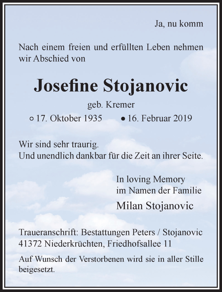  Traueranzeige für Josefine Stojanovic vom 24.02.2019 aus trauer.extra-tipp-moenchengladbach.de