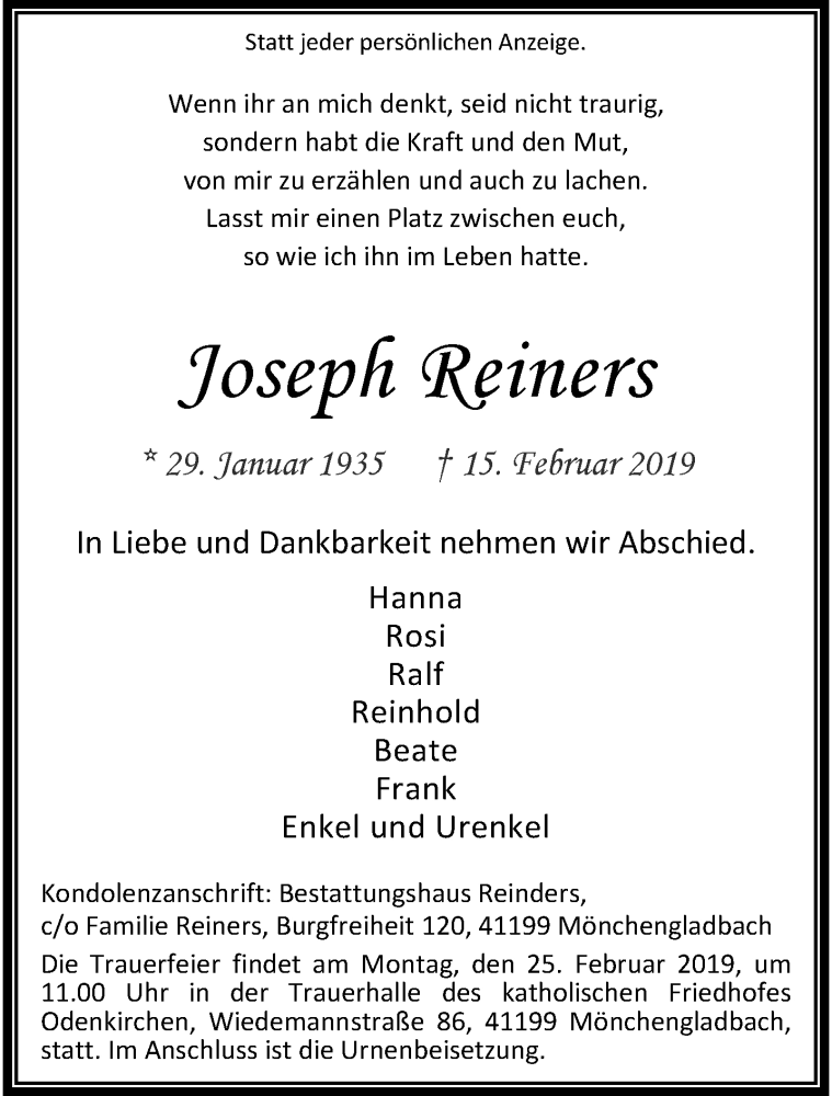  Traueranzeige für Joseph Reiners vom 24.02.2019 aus trauer.extra-tipp-moenchengladbach.de