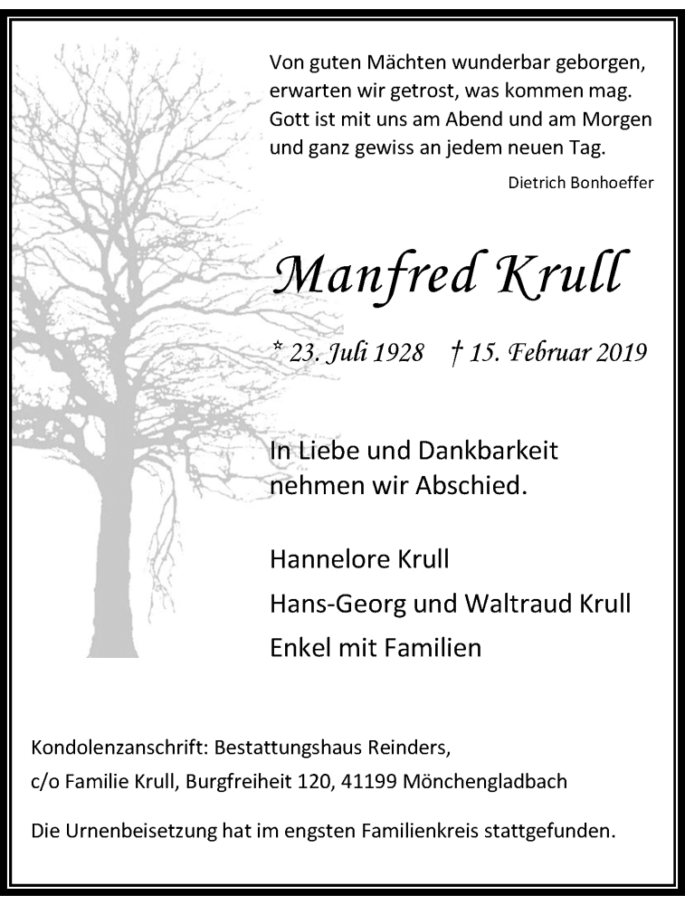  Traueranzeige für Manfred Krull vom 10.03.2019 aus trauer.extra-tipp-moenchengladbach.de