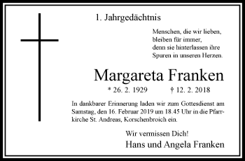 Traueranzeige von Margareta Franken von trauer.extra-tipp-moenchengladbach.de