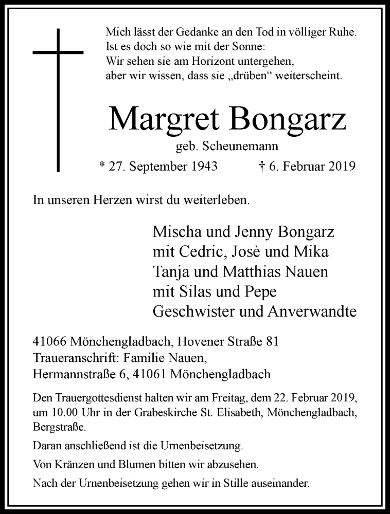  Traueranzeige für Margret Bongarz vom 17.02.2019 aus trauer.extra-tipp-moenchengladbach.de