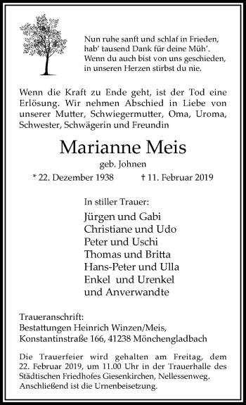 Traueranzeige von Marianne Meis von trauer.extra-tipp-moenchengladbach.de