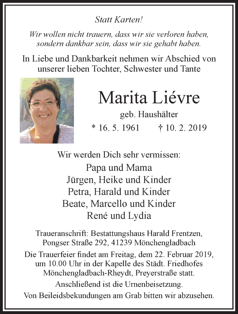  Traueranzeige für Marita Liévre vom 17.02.2019 aus trauer.extra-tipp-moenchengladbach.de