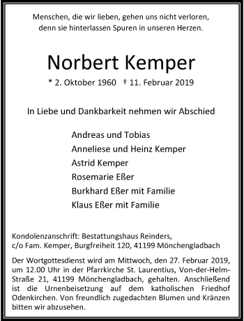 Traueranzeige von Norbert Kemper von trauer.extra-tipp-moenchengladbach.de