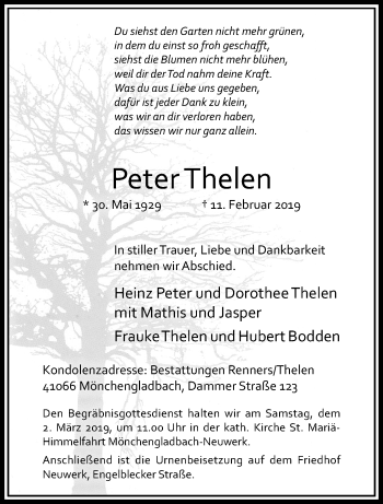 Traueranzeige von Peter Thelen von trauer.extra-tipp-moenchengladbach.de