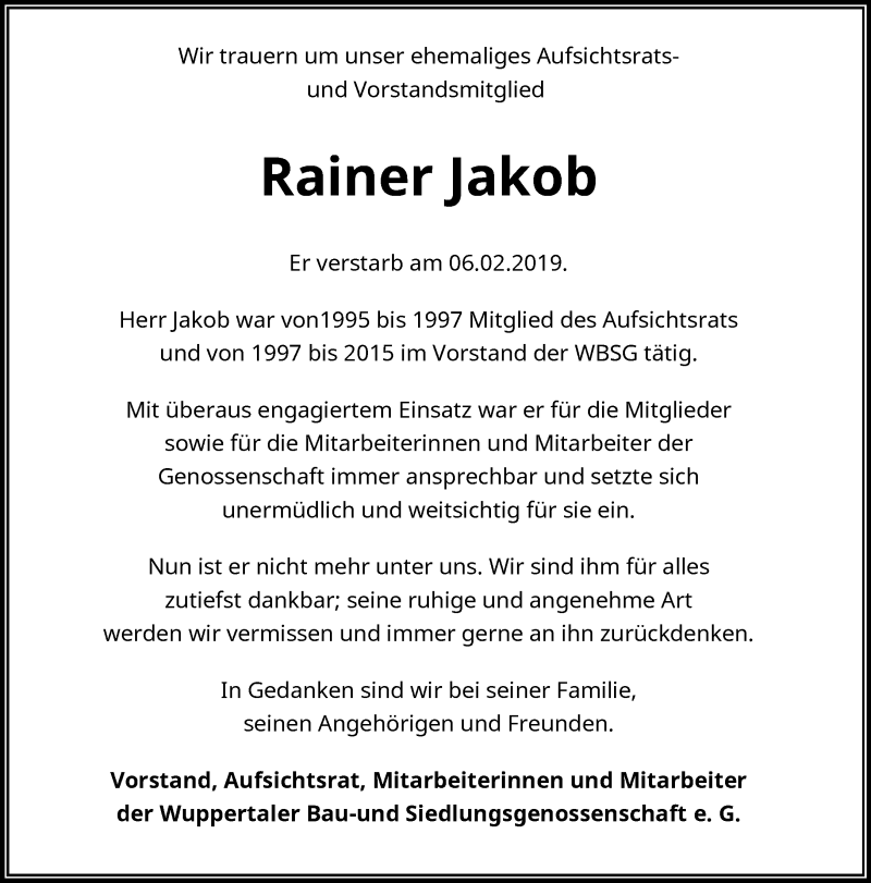  Traueranzeige für Rainer Jakob vom 16.02.2019 aus trauer.wuppertaler-rundschau.de