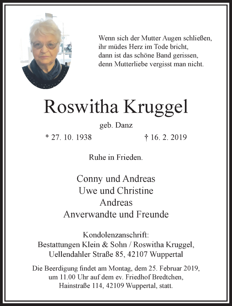  Traueranzeige für Roswitha Kruggel vom 20.02.2019 aus trauer.wuppertaler-rundschau.de