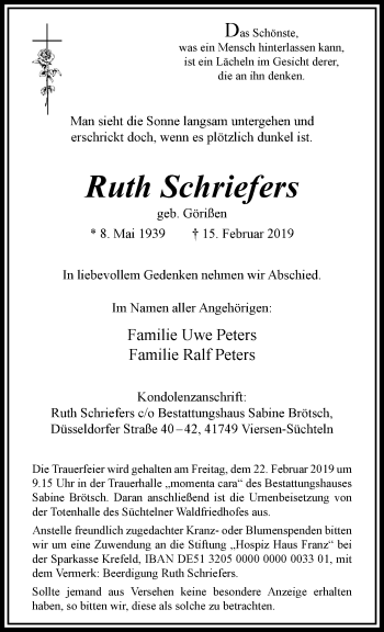 Traueranzeige von Ruth Schriefers von trauer.extra-tipp-moenchengladbach.de