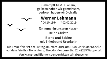 Traueranzeige von Werner Lehmann von trauer.wuppertaler-rundschau.de