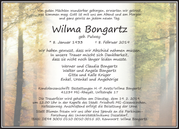 Traueranzeige von Wilma Bongartz von trauer.extra-tipp-moenchengladbach.de
