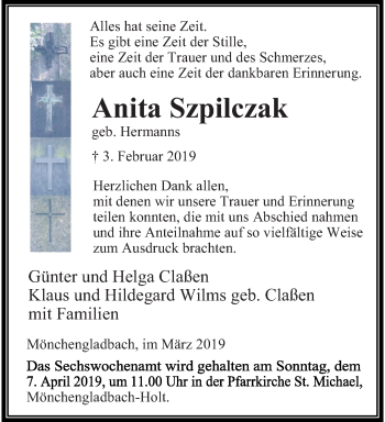 Traueranzeige von Anita Szpilczak von trauer.extra-tipp-moenchengladbach.de