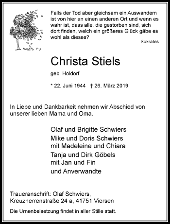 Traueranzeige von Christa Stiels von trauer.extra-tipp-moenchengladbach.de