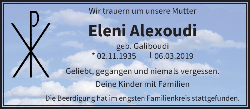  Traueranzeige für Eleni Alexoudi vom 16.03.2019 aus trauer.wuppertaler-rundschau.de