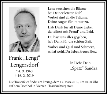 Traueranzeige von Frank Lengi Lengersdorf von trauer.extra-tipp-moenchengladbach.de