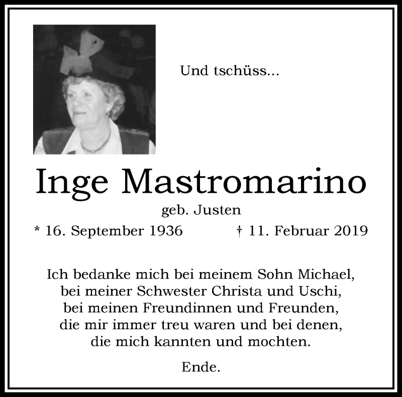  Traueranzeige für Inge Mastromarino vom 06.03.2019 aus trauer.extra-tipp-moenchengladbach.de