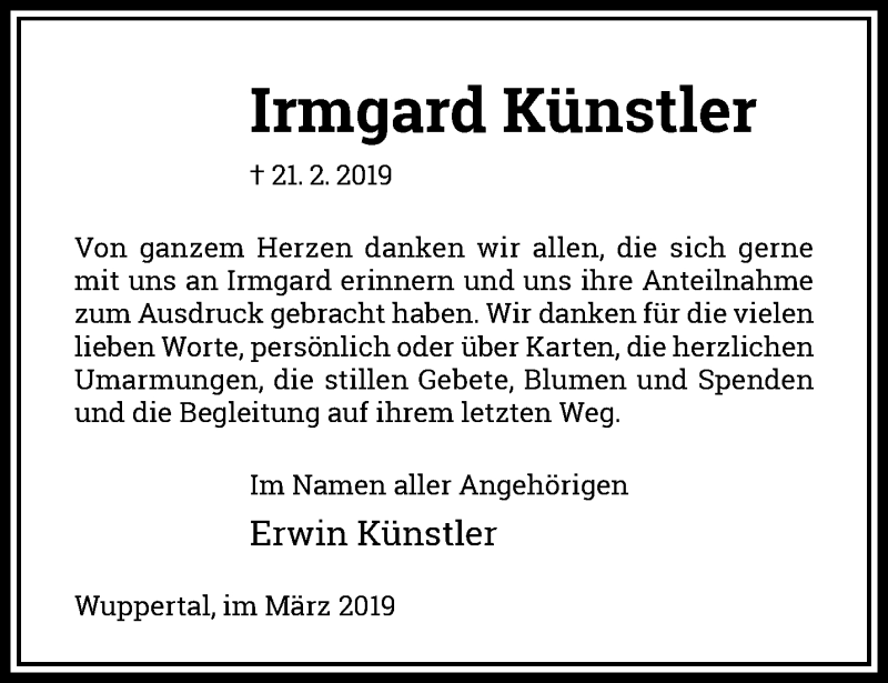 Traueranzeige für Irmgard Künstler vom 16.03.2019 aus trauer.wuppertaler-rundschau.de