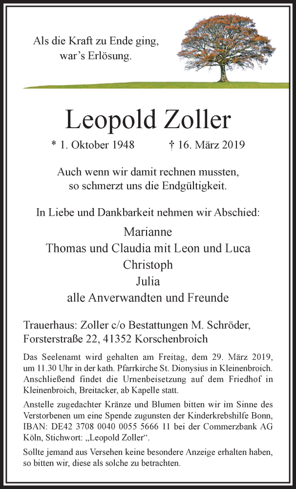 Traueranzeigen von Leopold Zoller | Trauer und Gedenken