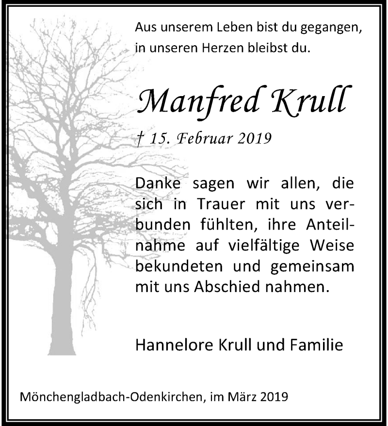  Traueranzeige für Manfred Krull vom 31.03.2019 aus trauer.extra-tipp-moenchengladbach.de