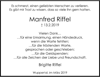 Traueranzeige von Manfred Riffel von trauer.wuppertaler-rundschau.de