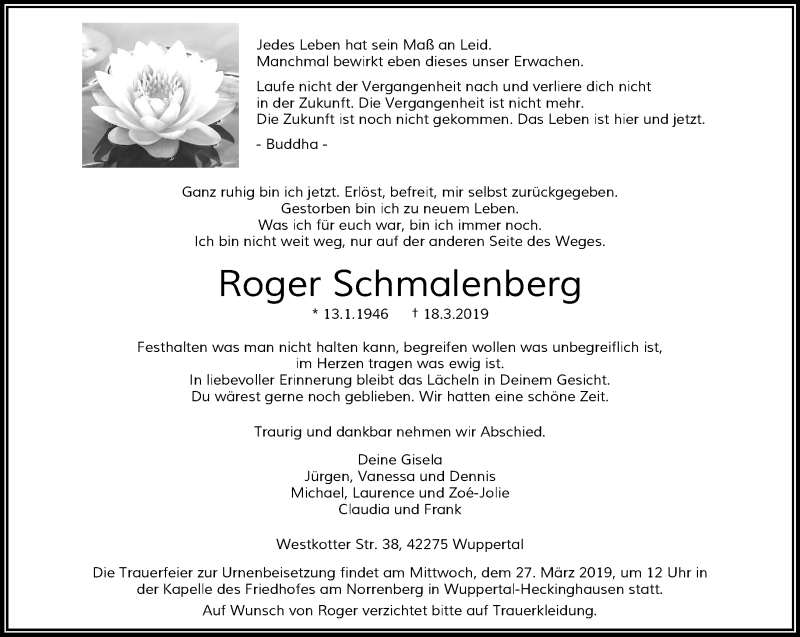  Traueranzeige für Roger Schmalenberg vom 23.03.2019 aus trauer.wuppertaler-rundschau.de