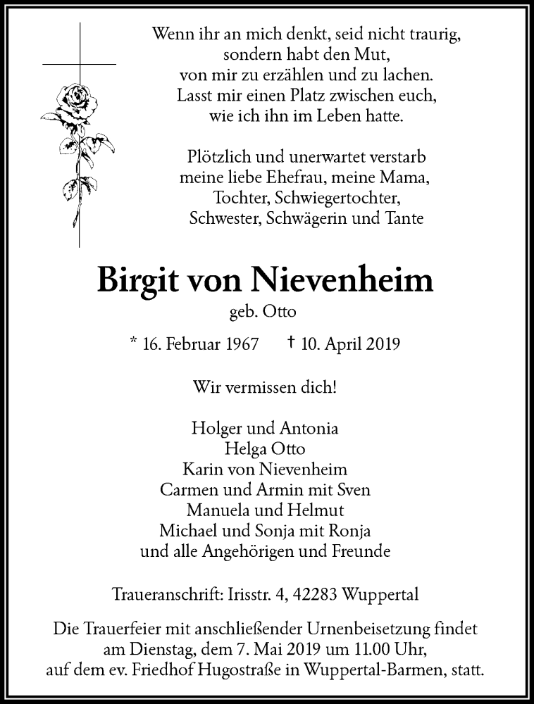  Traueranzeige für Birgit von Nievenheim vom 27.04.2019 aus trauer.wuppertaler-rundschau.de