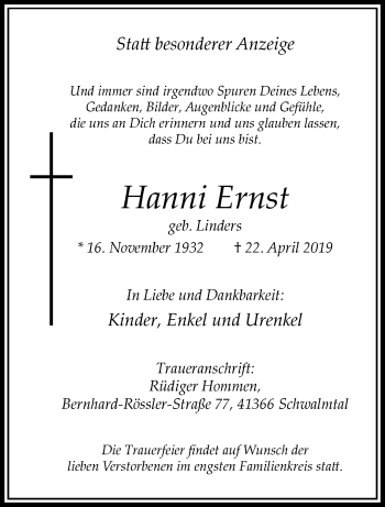 Traueranzeige von Hanni Ernst von trauer.extra-tipp-moenchengladbach.de