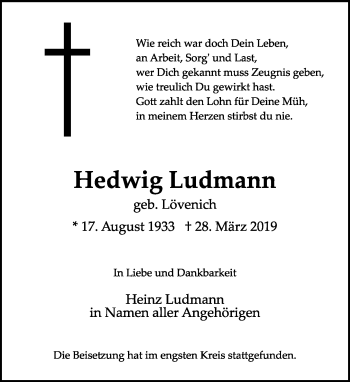 Traueranzeige von Hedwig Ludmann von trauer.extra-tipp-moenchengladbach.de