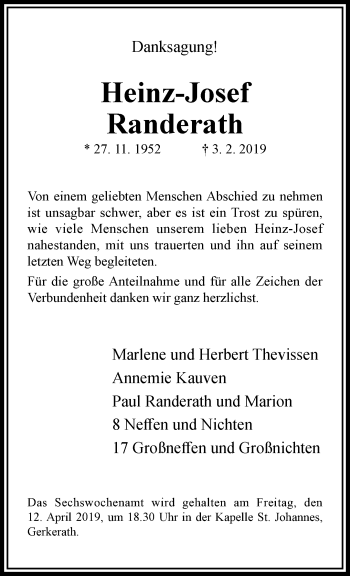 Traueranzeige von Heinz-Josef Randerath von trauer.extra-tipp-moenchengladbach.de