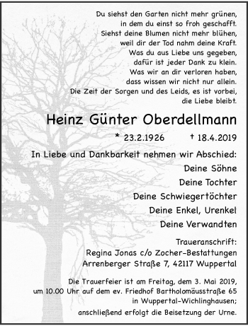 Traueranzeige von Heinz Günter Oberdellmann von trauer.wuppertaler-rundschau.de