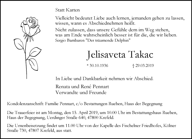  Traueranzeige für Jelisaveta Takac vom 07.04.2019 aus trauer.mein.krefeld.de