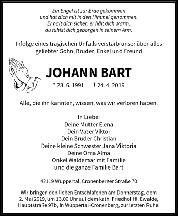 Traueranzeige von Johann Bart von trauer.wuppertaler-rundschau.de
