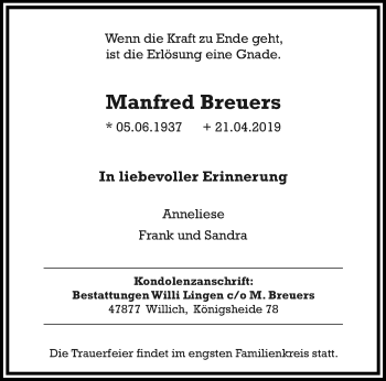 Traueranzeige von Manfred Breuers von trauer.extra-tipp-moenchengladbach.de