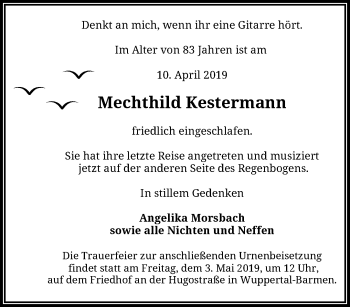 Traueranzeige von Mechthild Kestermann von trauer.wuppertaler-rundschau.de