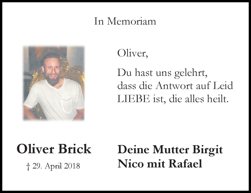  Traueranzeige für Oliver Brick vom 27.04.2019 aus trauer.wuppertaler-rundschau.de