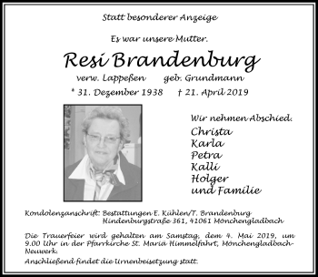 Traueranzeige von Resi Brandenburg von trauer.extra-tipp-moenchengladbach.de