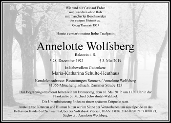 Traueranzeige von Annelotte Wolfsberg von trauer.extra-tipp-moenchengladbach.de
