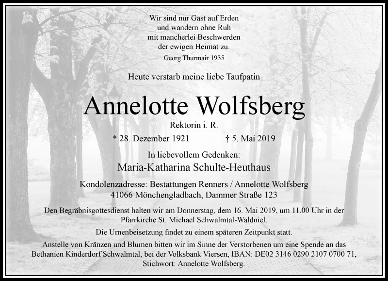  Traueranzeige für Annelotte Wolfsberg vom 12.05.2019 aus trauer.extra-tipp-moenchengladbach.de
