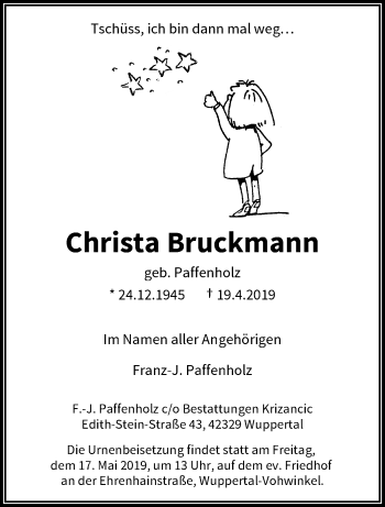 Traueranzeige von Christa Bruckmann von trauer.wuppertaler-rundschau.de
