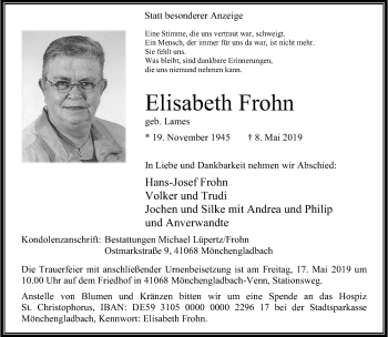 Traueranzeige von Elisabeth Frohn von trauer.extra-tipp-moenchengladbach.de