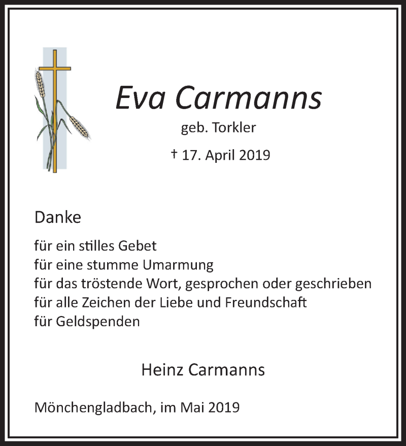  Traueranzeige für Eva Carmanns vom 12.05.2019 aus trauer.extra-tipp-moenchengladbach.de