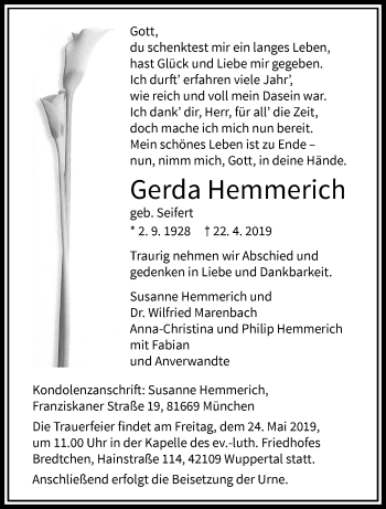 Traueranzeige von Gerda Hemmerich von trauer.wuppertaler-rundschau.de