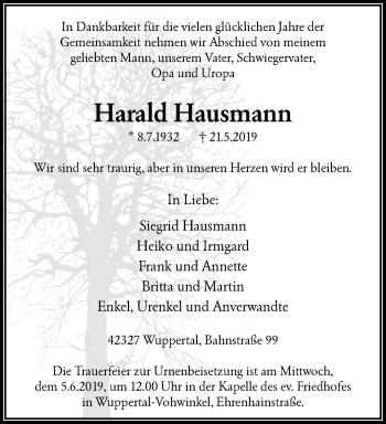 Traueranzeige von Harald Hausmann von trauer.wuppertaler-rundschau.de