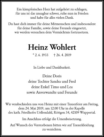 Traueranzeige von Heinz Wohlert von trauer.wuppertaler-rundschau.de