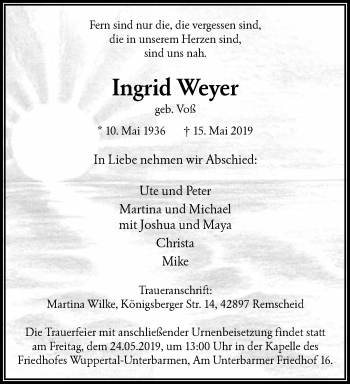 Traueranzeige von Ingrid Weyer von trauer.wuppertaler-rundschau.de