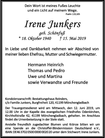 Traueranzeige von Irene Junkers von trauer.extra-tipp-moenchengladbach.de