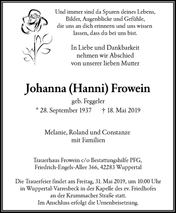Traueranzeige von Johanna Frowein von trauer.wuppertaler-rundschau.de