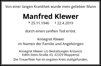 Traueranzeige von Manfred Klewer von trauer.wuppertaler-rundschau.de